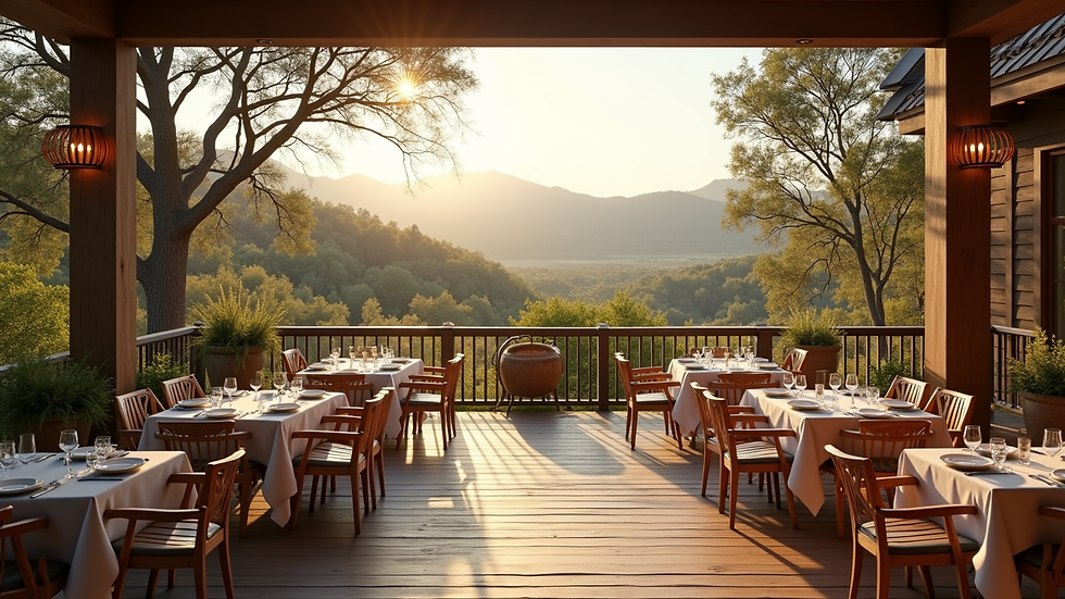 High angle view of a lodge outdoor dining area with scenic views