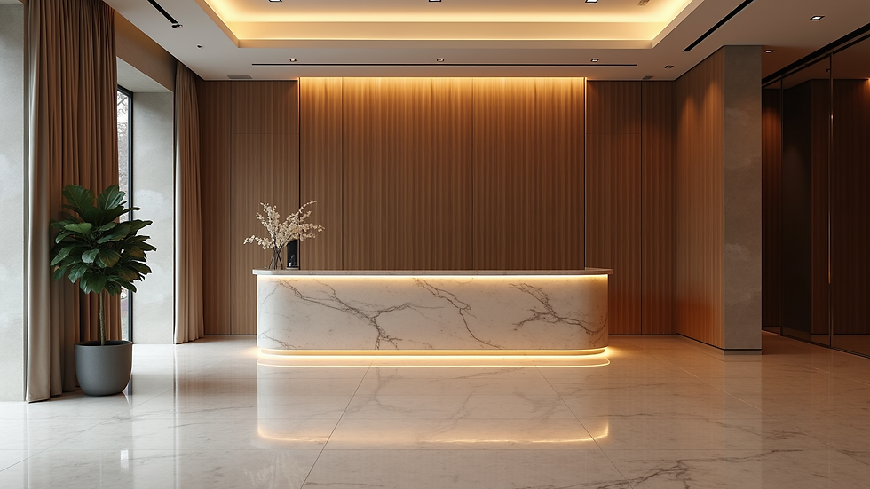 Eye-level view of a hotel lobby with modern reception desk