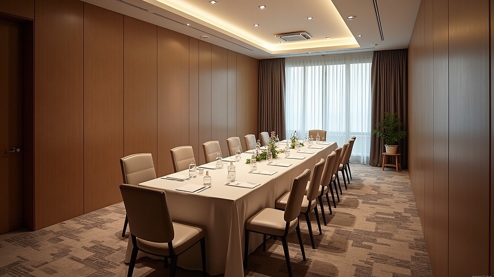 High angle view of a hotel conference room set up for a business meeting