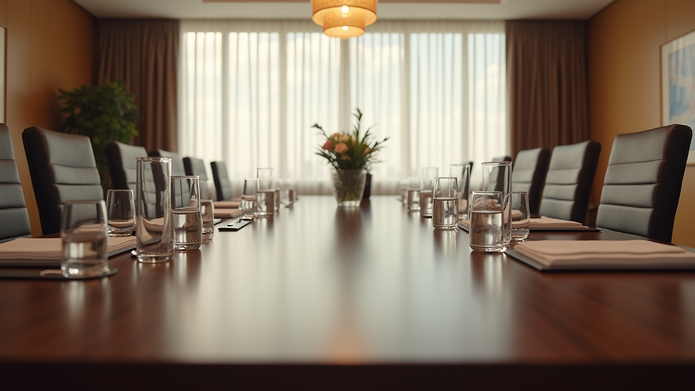 Close-up view of a hotel conference room set up for a business meeting