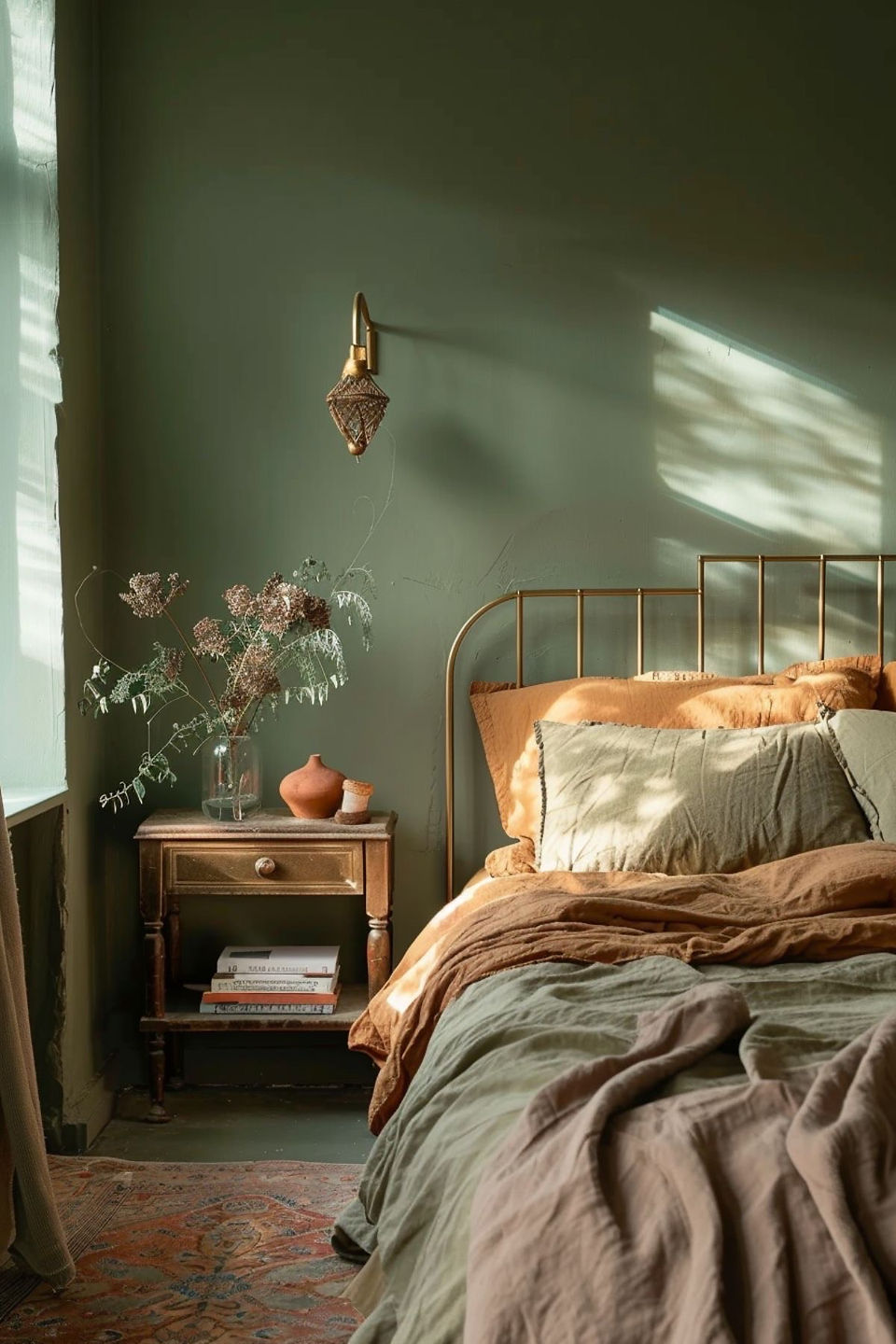Chambre avec décoration de seconde main et table de chevet vintage