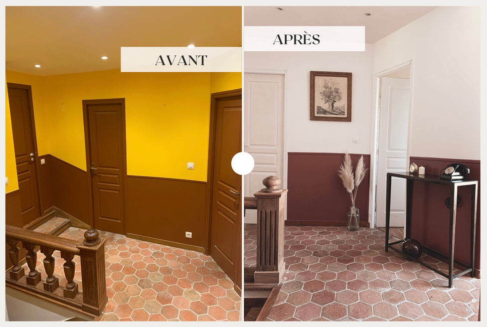 Transformation du couloir aux couleurs vives et disgracieuses, en un espace rempli de lumières et de douceurs qui met en valeur le sol en tomettes provencales.