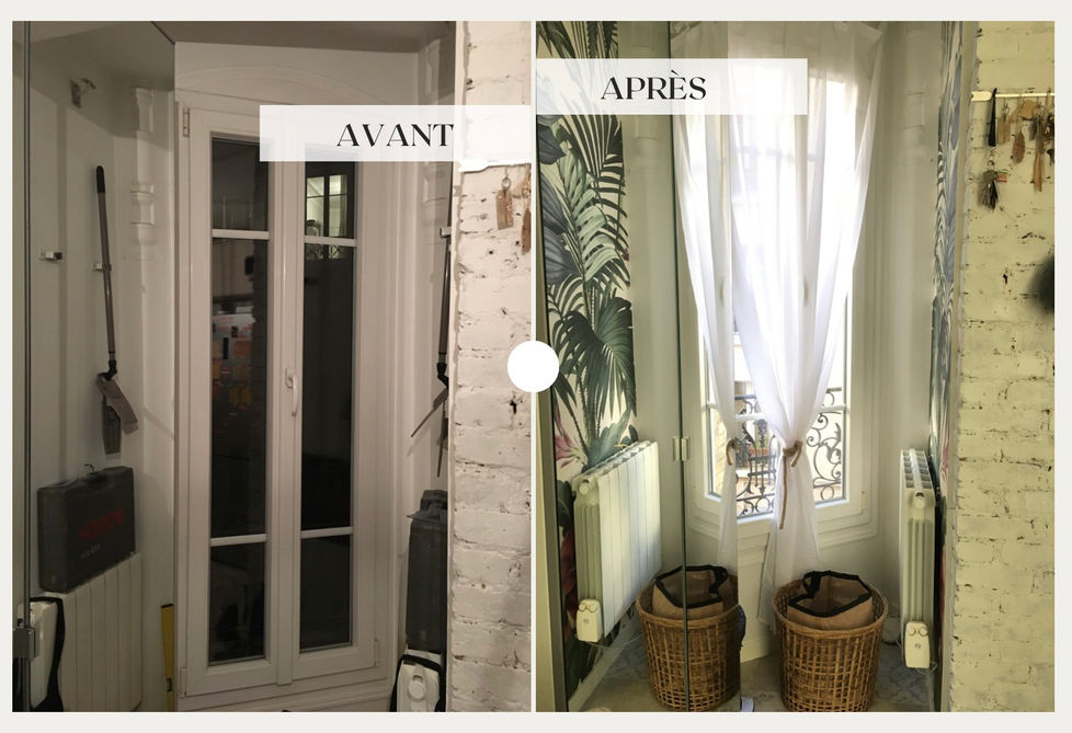 Transformation de ce recoins en véritable espace ménage, à la fois pratique et attractif grâce au papier peint, au jeu de miroir et de lumière, et aux touches de matières naturelles