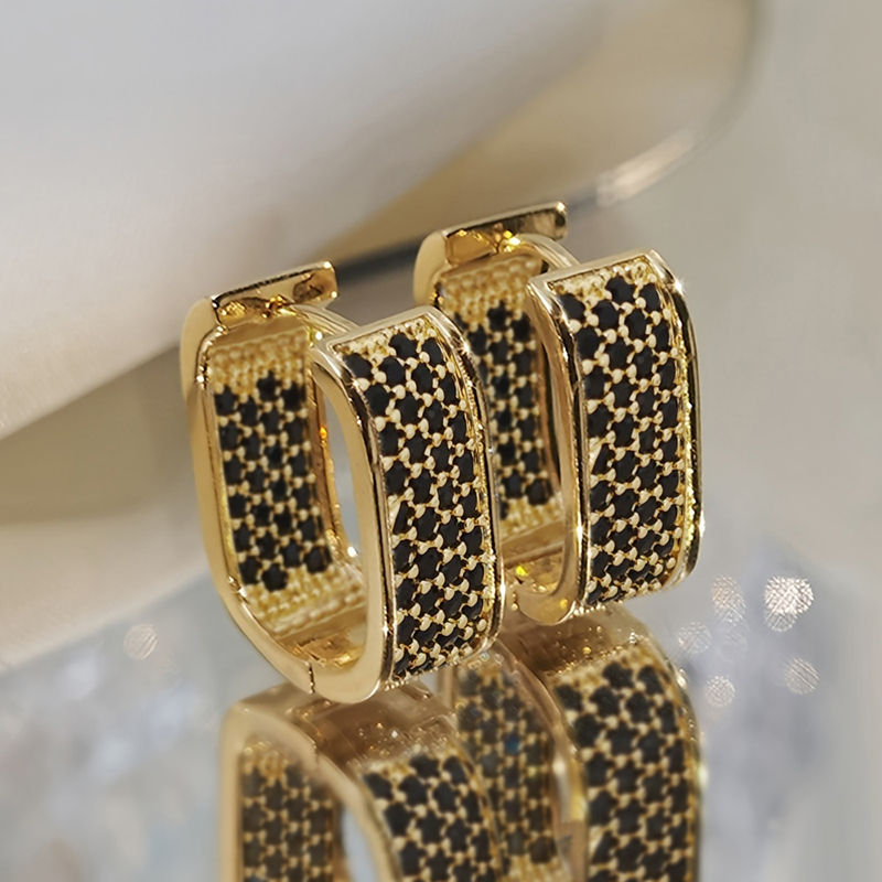 Thumbnail: Huitan Korean Fashion Paved CZ Hoop Earrings for Women Metal Silver Color/Gold C