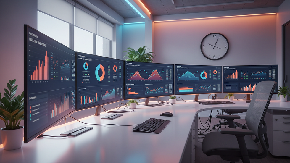 Eye-level view of a modern office workspace with multiple screens showing payment analytics