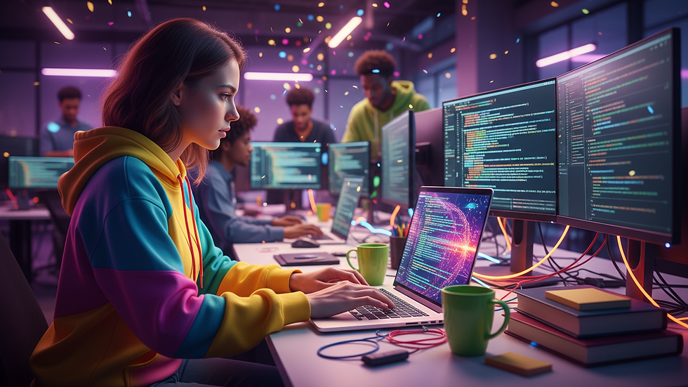 Eye-level view of a developer working on code at a laptop