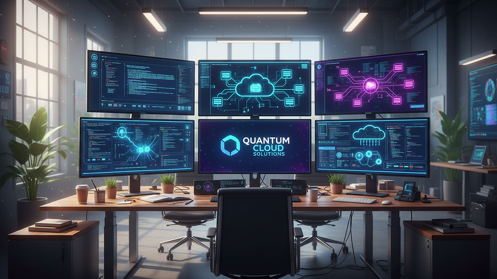 Eye-level view of a modern office workspace with multiple screens showing code and cloud infrastructure