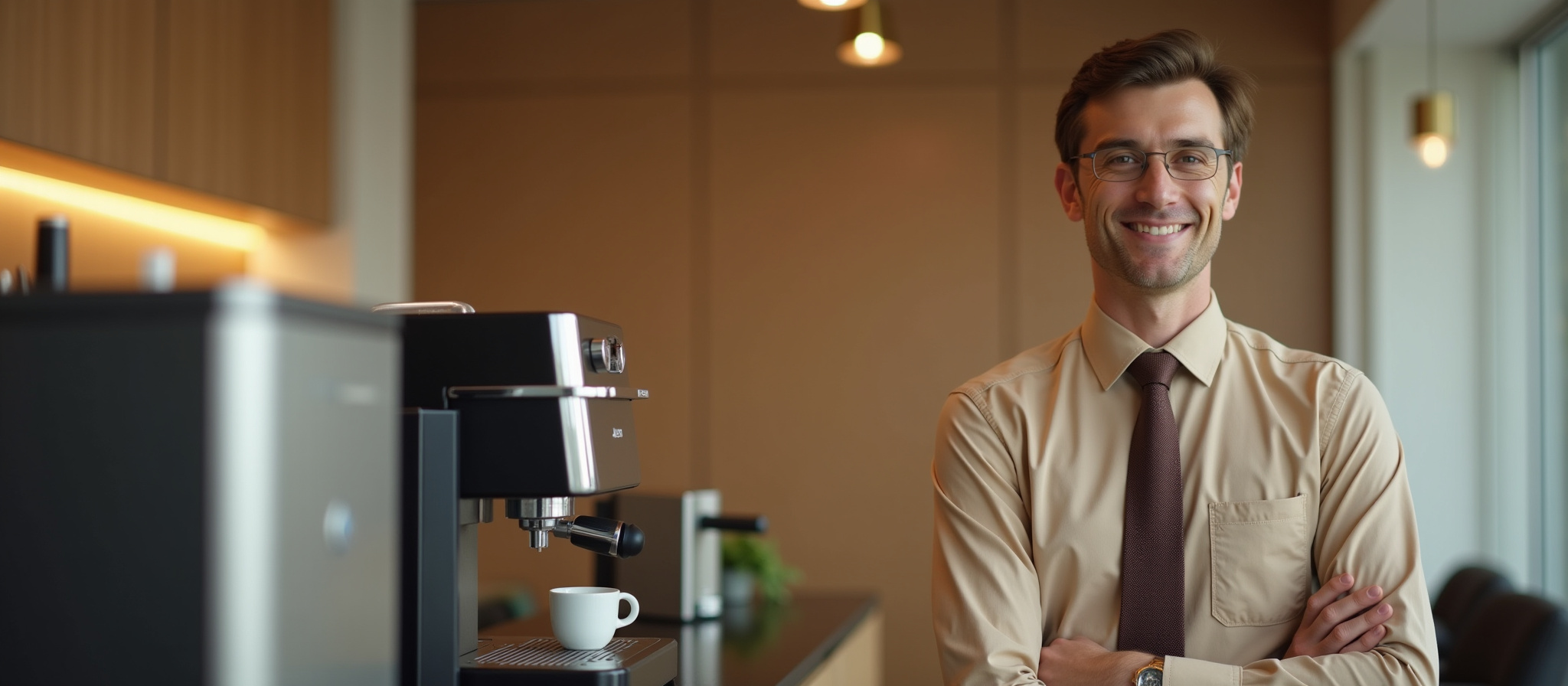 an image of a happy person in front of a coffee machine