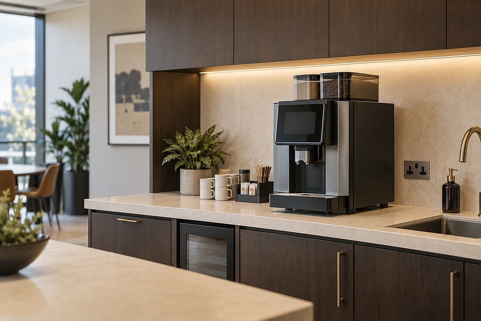 Contemporary office coffee point with a bean-to-cup machine and room for daily use