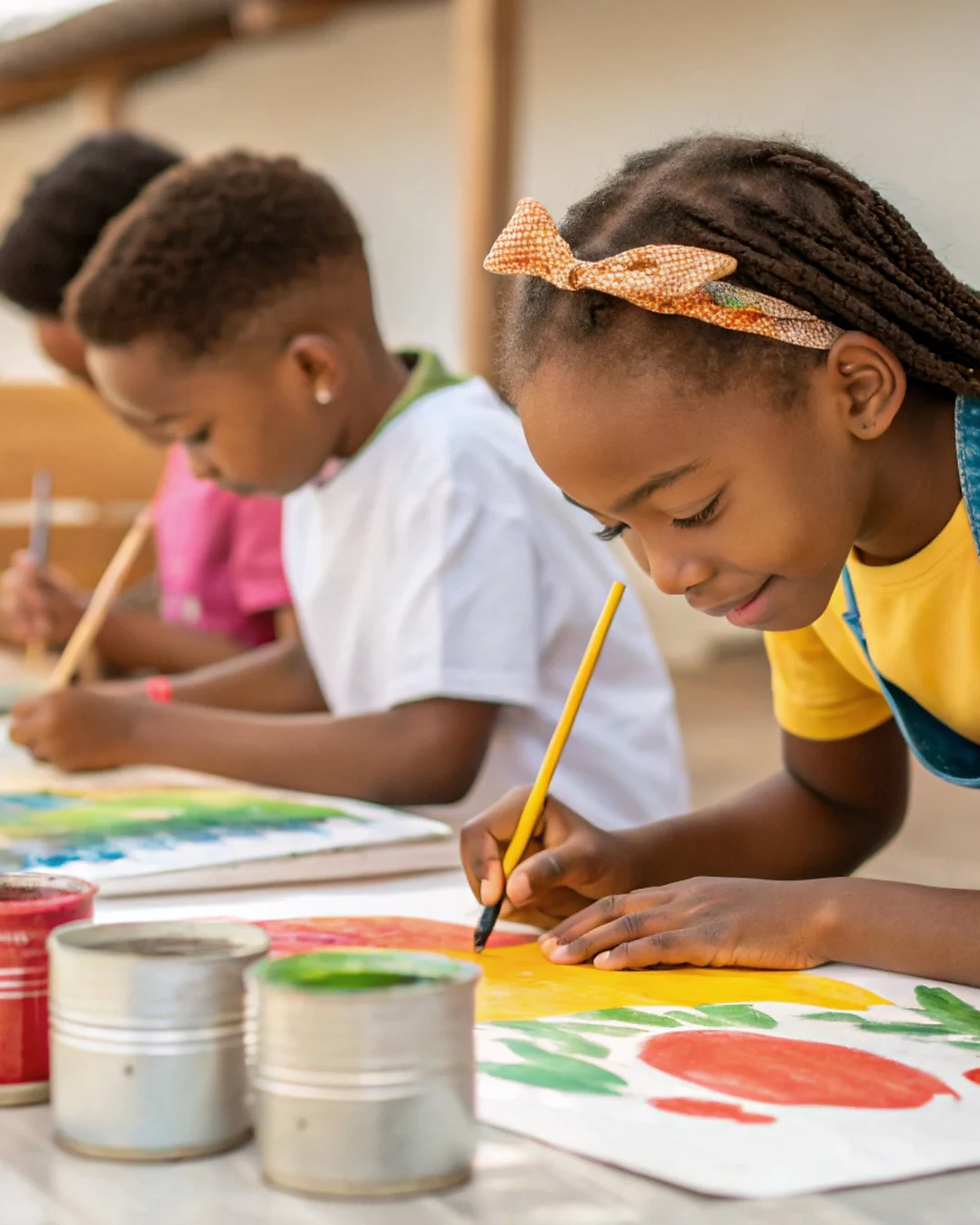 Children paint with brushes at a table, focused and smiling, during the holiday