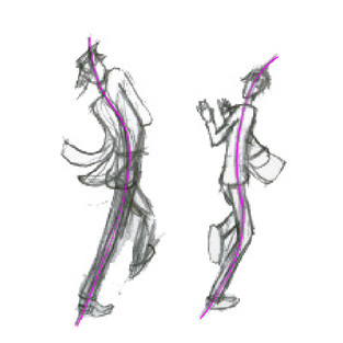 Simple sketch of two guys running alongside each other, the first drawing away from the second, who attempts to overtake and intercept him; the lines of action (LOAs) are both modified S-curves through the respective forward-moving bodies