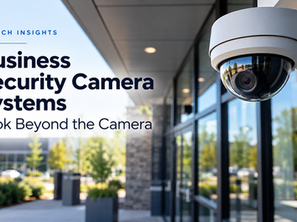 Commercial security camera system featuring video surveillance, electronic access control, and security monitoring at a modern business.
