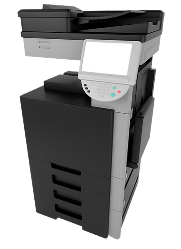 Alt text: Modern multifunction office printer and copier with a digital touchscreen control panel, multiple paper trays, and document feeder, isolated on a transparent background. Ideal for business or workplace document management, printing, scanning, and copying.