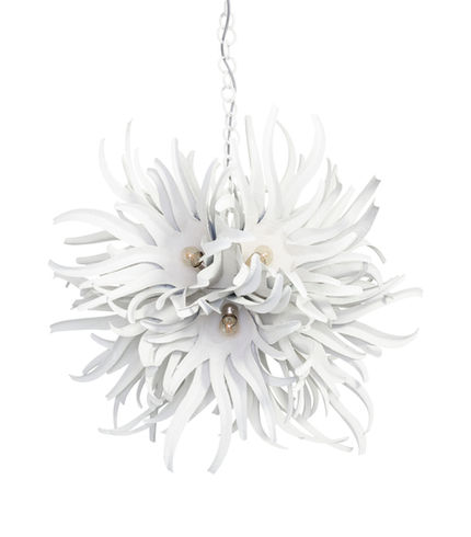 Porta Romana Urchin chandelier, showing a sculptural starburst shape composed of layered, matte plaster-white hand-forged steel spires surrounding internal light bulbs, crafted by an artisan blacksmith.