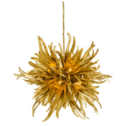 Porta Romana Urchin chandelier featuring a spherical, starburst-style frame composed of layered, gold-finished hand-forged steel tendrils surrounding glowing internal light bulbs, crafted by an artisan blacksmith.
