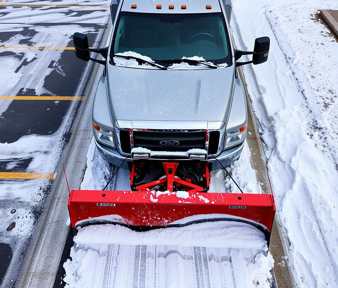 birds eye view of a plow on a Silver truck clearing snow from a commercial parking lot.jpg