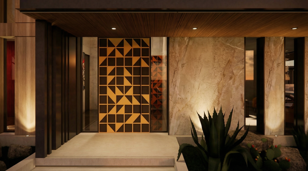 Entrée majestueuse de la Villa Tiffany illuminée par la lumière dorée du soir, avec façade aux teintes dorées