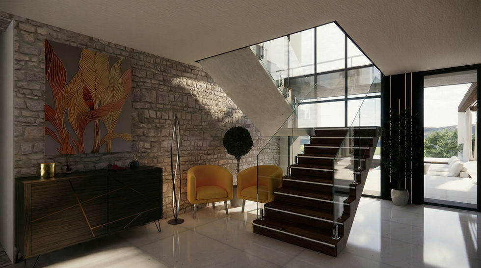 Hall double hauteur de la Villa Lola avec escalier, garde-corps vitré et vue vers le jardin et la piscine.