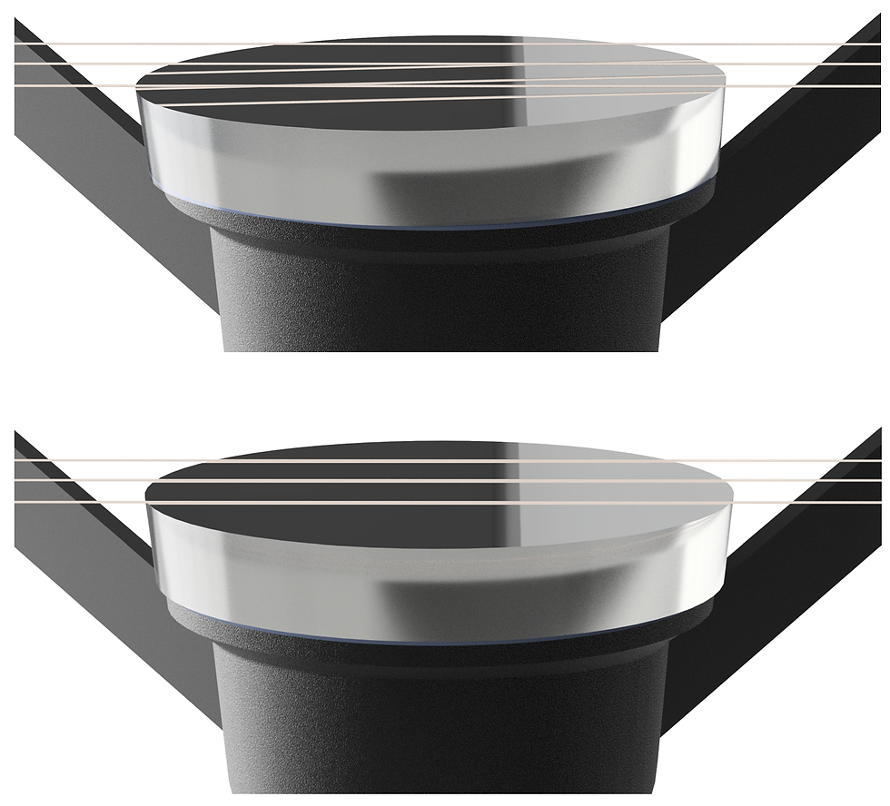 Two renders of the secondary mirror with fishing lines, before and after adjustment