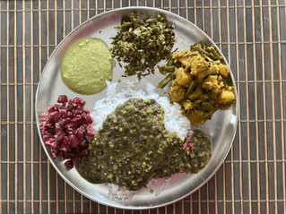 Two Kinds of Gavar Sabzi, Beetroot, Ajwain Leaves Chutney, & Rice with Kootu