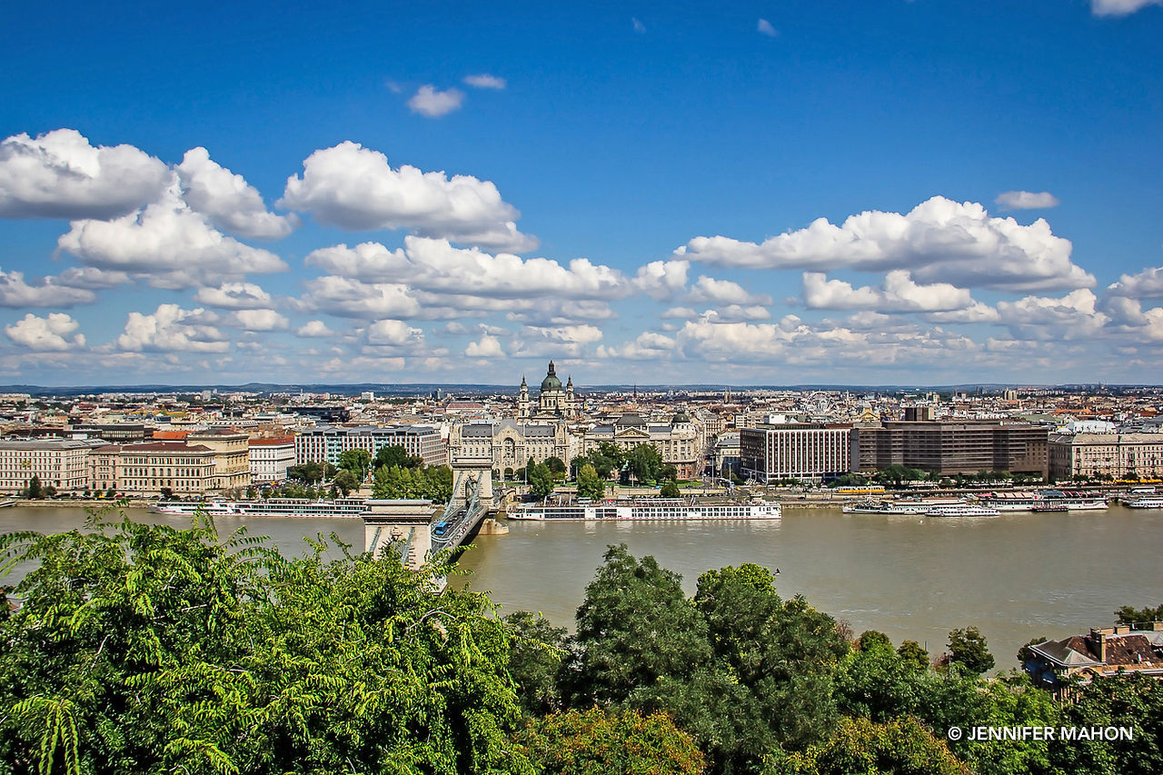 View of the Danube and Pest from Castle Hill, including Széchenyi Chain Bridge and the Hungarian National Parliament Building (Orszaghaz)