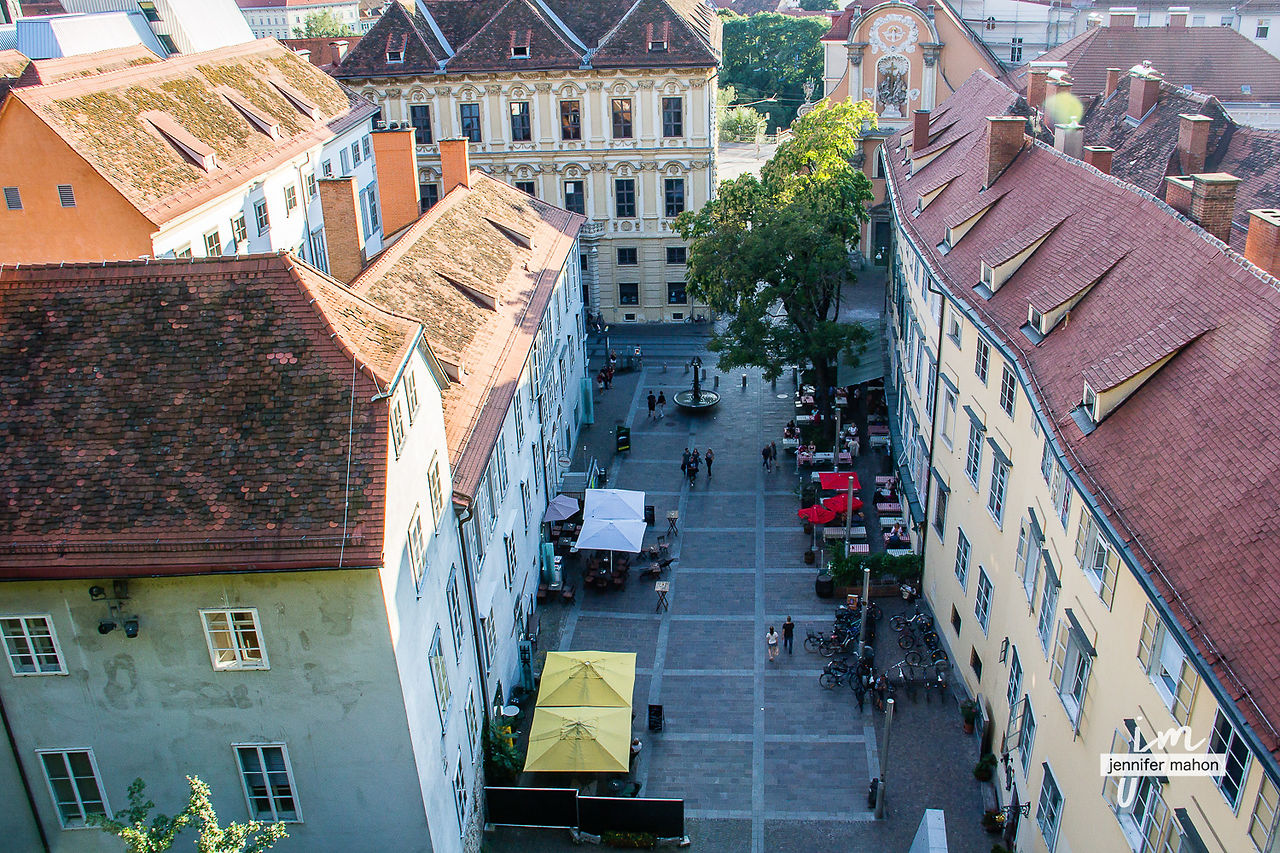 Looking down at Schlossbergplatz, my hubs made me walk back down those 260 steps :(