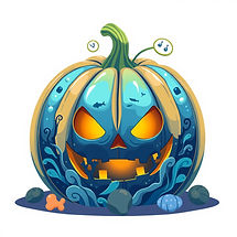 Create a halloween pumpkin with blue ocean themed, cutsy.jpg