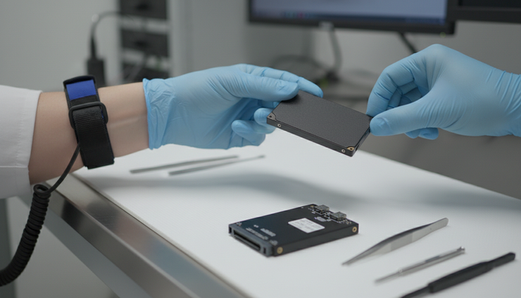 Eye-level view of gloved hands holding a solid state drive near a recovery adapter