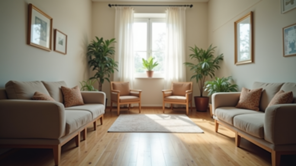 Eye-level view of a serene counseling room with comfortable seating