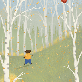 whimsical children’s book illustration of a woodland bear wearing a sweater and jeans walking through a colorful meadow in fall