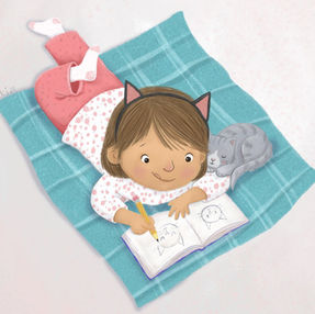 Children's picture book illustration of a little girl laying on a plaid blanket sketching cats and her gray cat is sleeping next to her