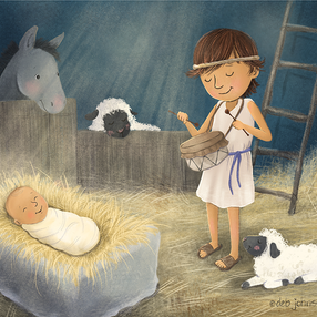 Heartwarming Christian children's book illustration of the Little Drummer Boy playing his drum for baby Jesus in a manger surrounded by 2 lambs and a donkey