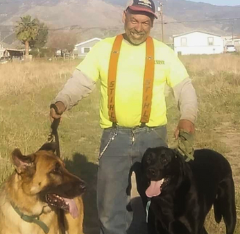 A man with 2 dogs. 1 german shepherd and 1 lab.