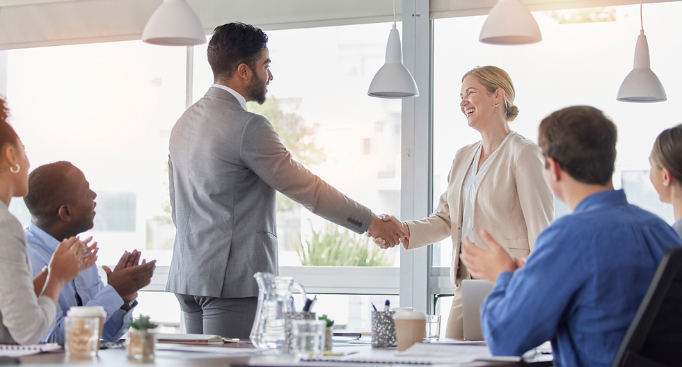 Handshake, Applause and Team of Business People Meeting for Partnership, Deal or Agreement