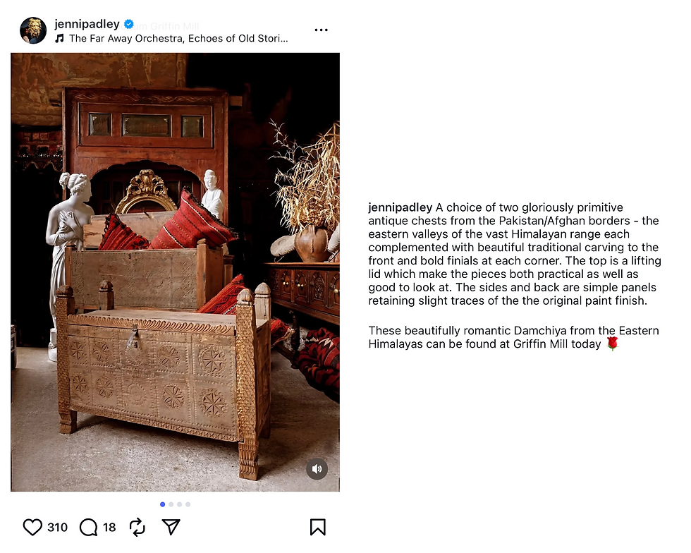 Antique dealer showcasing Himalayan antique chests on Instagram