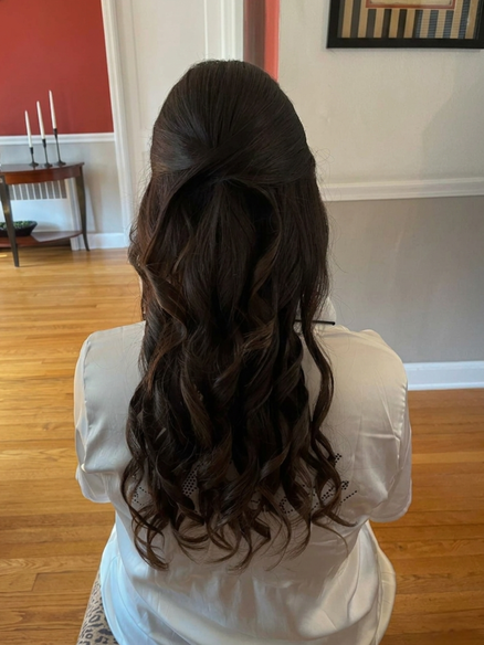 Elegant bridal party half-up half-down hairstyle with soft curls styled by Salon M in Croton-on-Hudson, Westchester County NY.