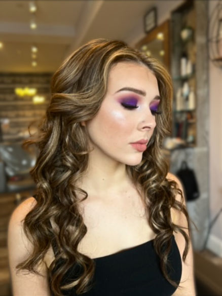 Beautiful bridal long hairstyle with loose curls and professional makeup look by Salon M, serving Long Island and Westchester County NY.