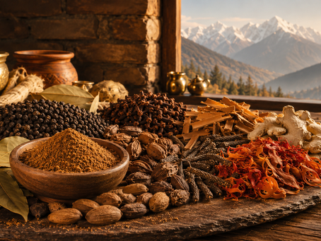RDHP Special Garam Masala with whole Indian spices and Himalayan kitchen backdrop