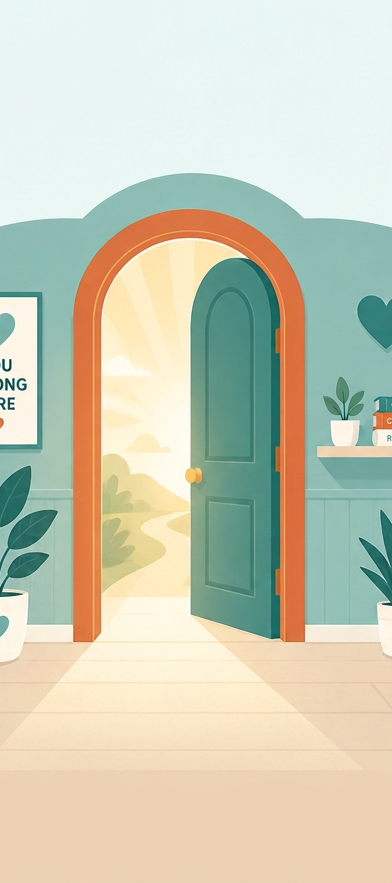 TransHealthHub: An open door inviting people inside, with lush forests and a path past the door.
