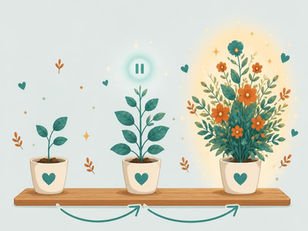Three flowers showing different stages of bloom and a pause button