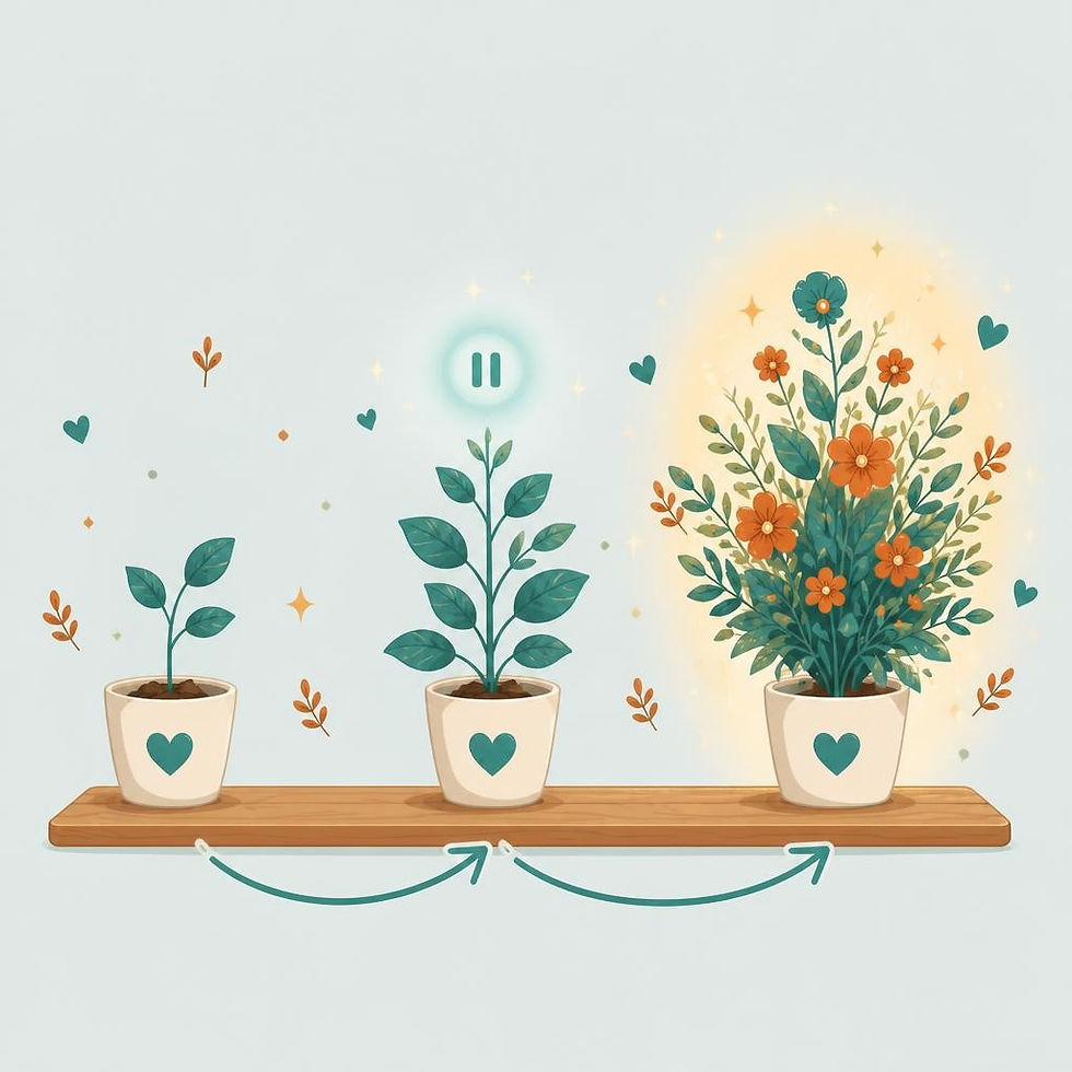 Three flowers showing different stages of bloom and a pause button