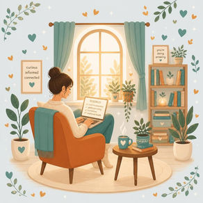 A woman sitting in a cozy rom, reading on her laptop, with encouraging messages around her.