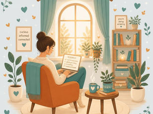 A woman sitting in a cozy rom, reading on her laptop, with encouraging messages around her.