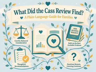 A banner stating "What Did the Cass Review Find?" with an open book at the center and a magnifying glass.