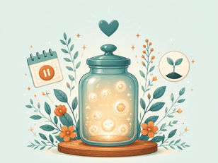 Bell jar with various hormone-related images inside, with a seed planted and calendar outside