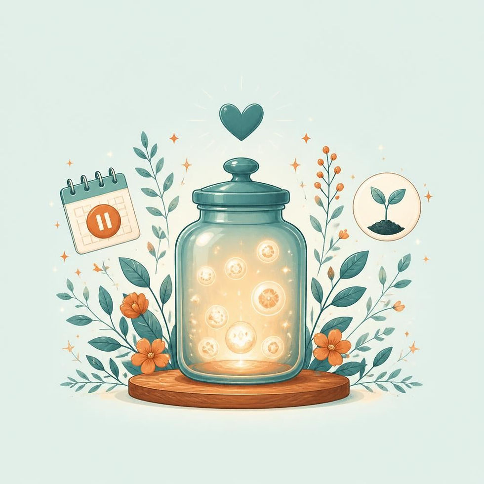 Bell jar with various hormone-related images inside, with a seed planted and calendar outside