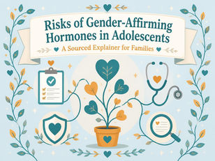 Title explaining "Risks of Gender-Affirming Hormones in Adolescents" with a growing flower in a pot and medical imagery.