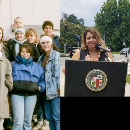 Alison (Stern) Simard, Hyde School Class of 1989 — shown at Hyde in the 1980s and speaking at a City of Los Angeles lectern, reflecting a life shaped by integrity.