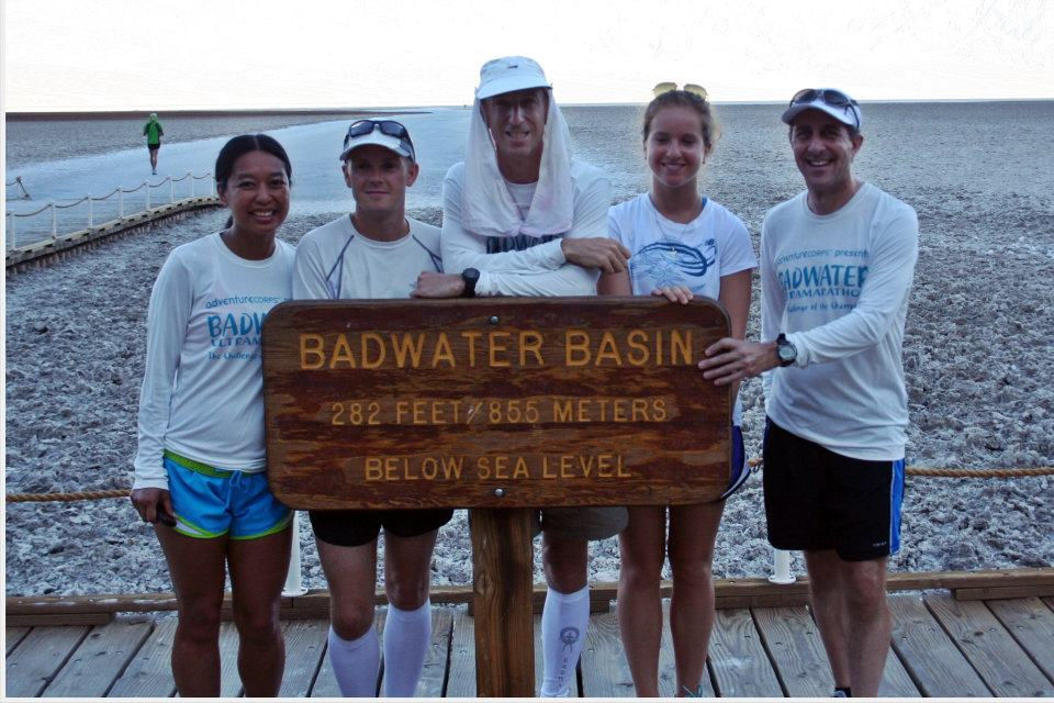 Barefoot Ken Posner and running friends at the Badwater Basin in Death Valley, during Barefoot Ken's participation in the Badwater 135 Ultramarathon