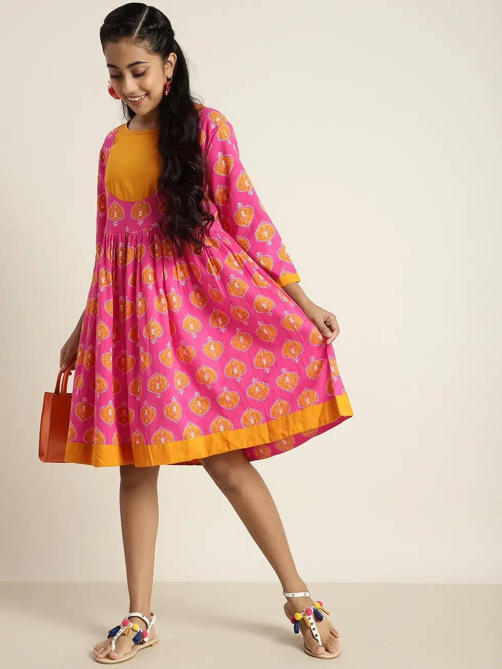 0eef5507-6d5e-4ef8-b51e-8bba7b5a673b1684496795578SangriaGirlsPinkMustardYellowEthnicPrintCottonFitFlareDress1